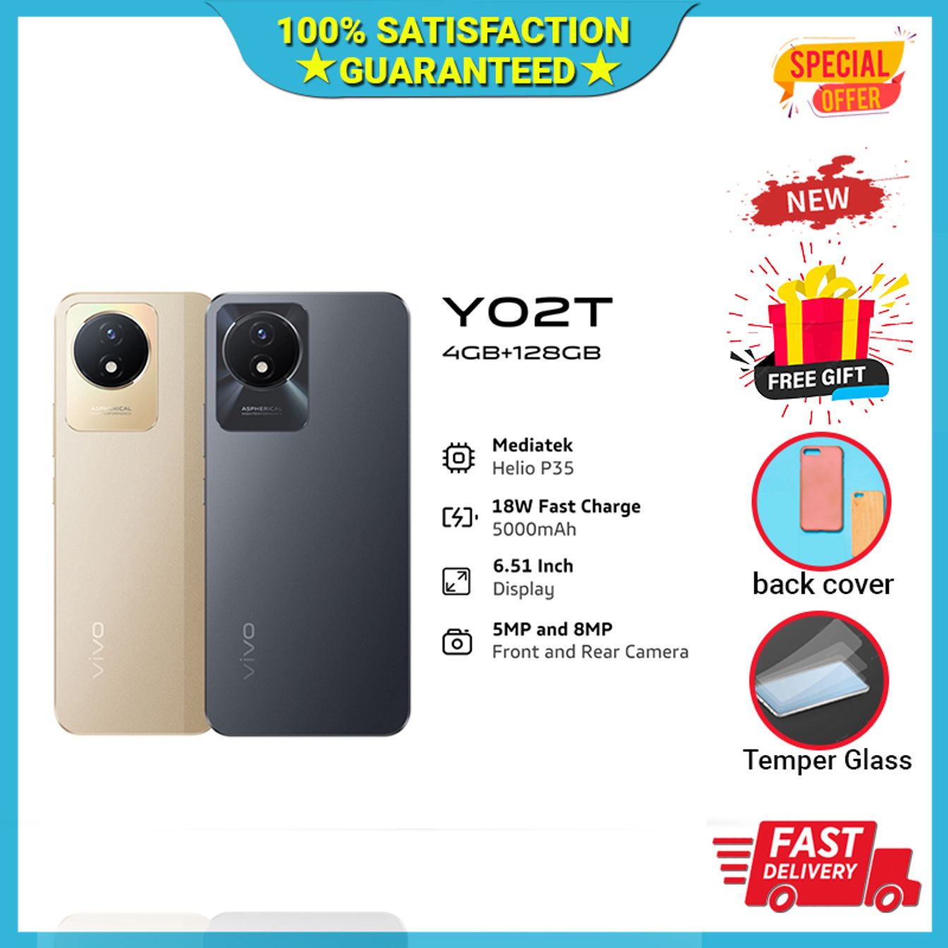 vivo Y02t / 4GB RAM+128GB ROM / MediaTek Helio P35 / 5000mAh / 6.51″Eye